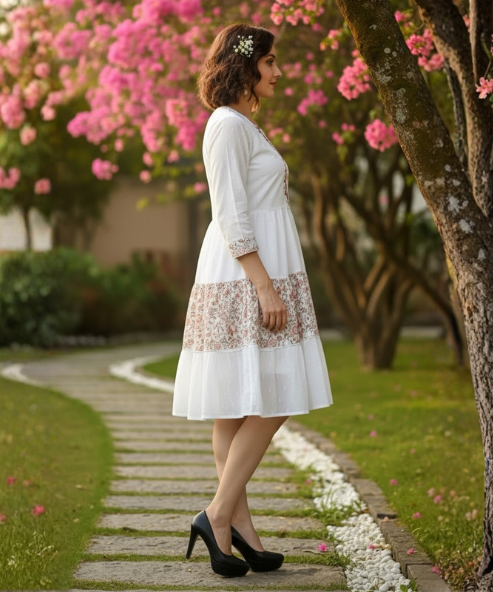 White Colour Embroidered Cambric Cotton Dress