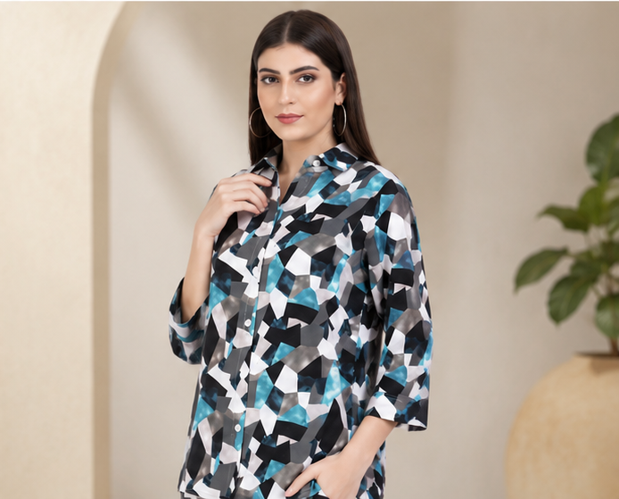Teal Geometric Abstract Print Co-ord Set – Shirt & Pants Set for Women