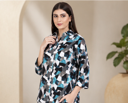 Teal Geometric Abstract Print Co-ord Set – Shirt & Pants Set for Women