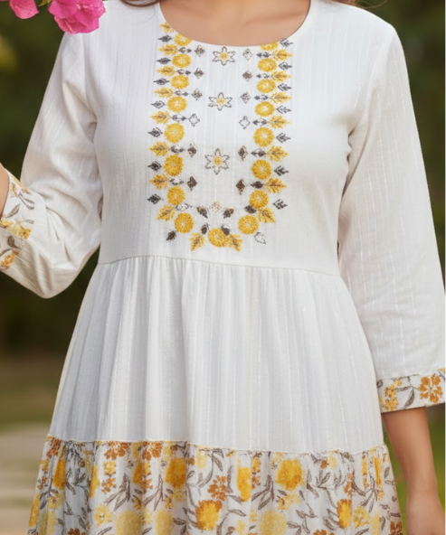 White Colour Embroidered Cambric Cotton Dress