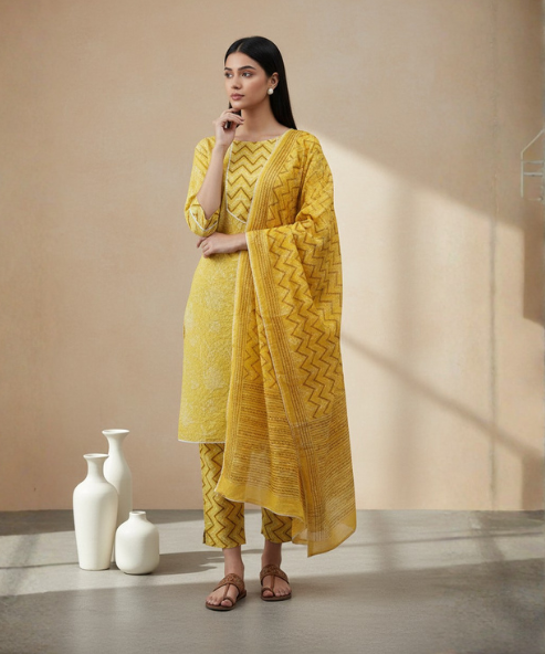 Yellow Colour Kurti Pant Dupatta Set