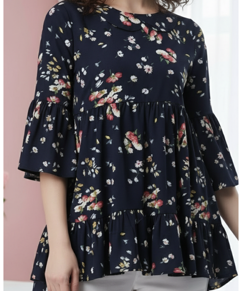 Navy Blue Printed Crepe Top