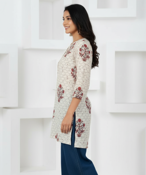 Off White Printed Rayon Tunic Top