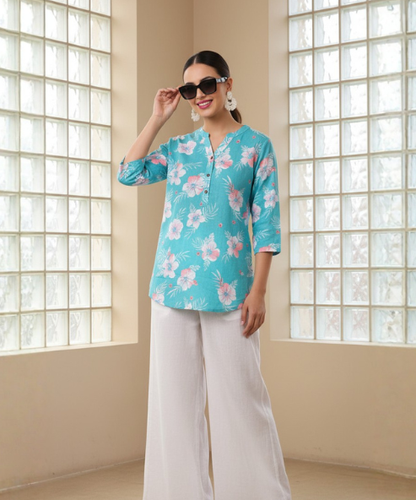 Turquoise Blue Printed Viscose Tunic Top