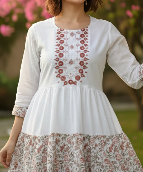 White Colour Embroidered Cambric Cotton Dress