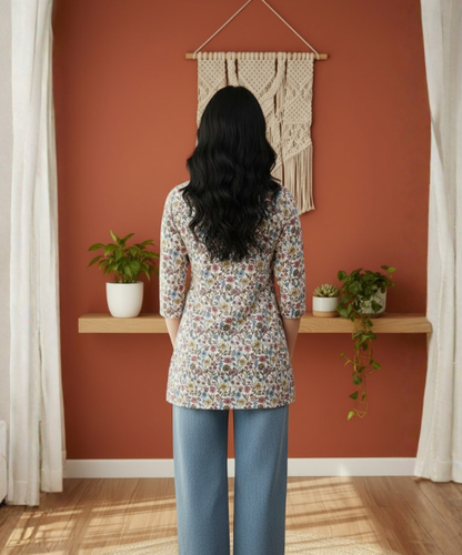 Off White Multi Colour Printed Cotton Tunic Top