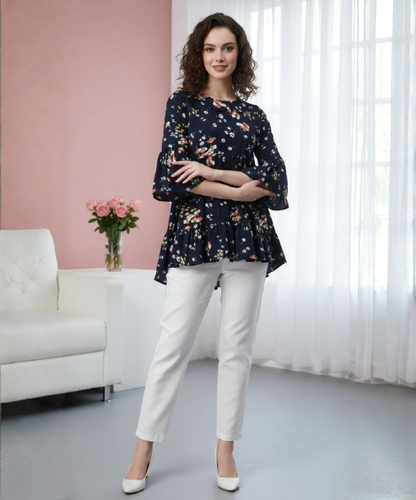 Navy Blue Printed Crepe Top