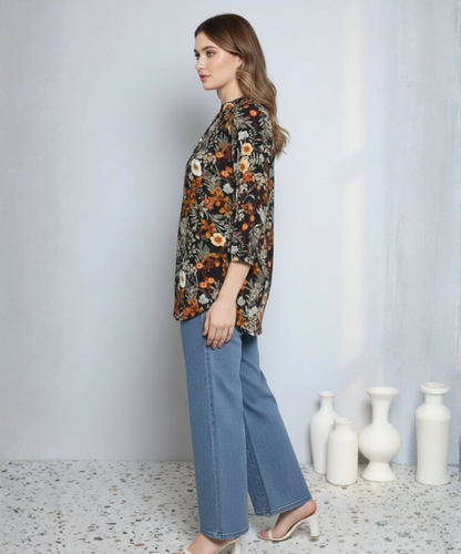 Black Colour Multi Printed Modal Tunic Top