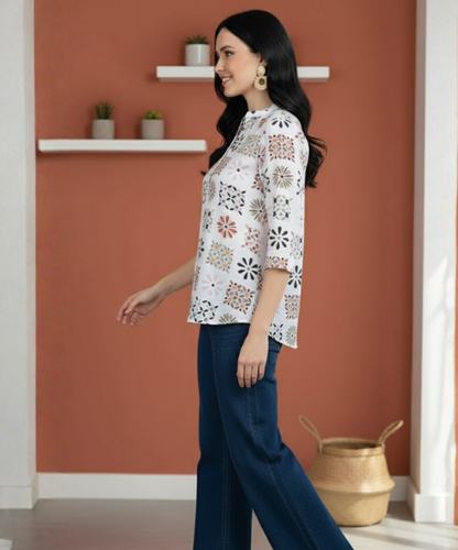 Off White Printed Viscose Tunic Top