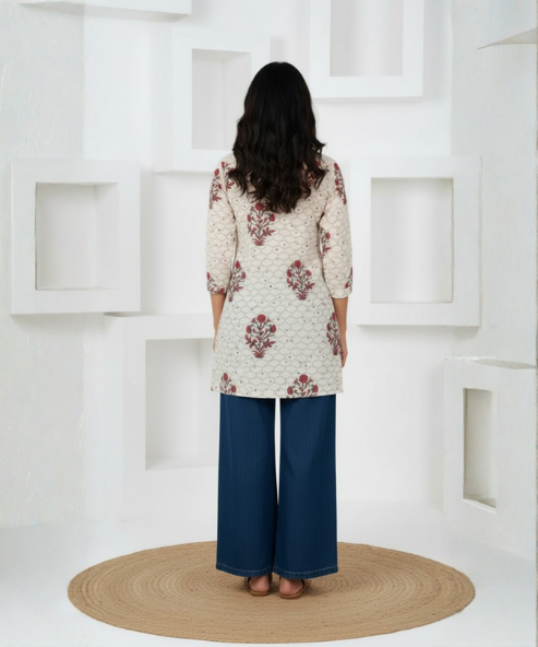 Off White Printed Rayon Tunic Top