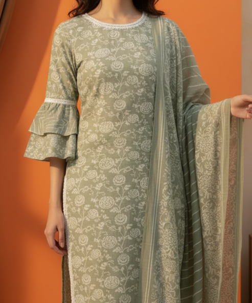 Green Colour Kurti Pant Dupatta Set