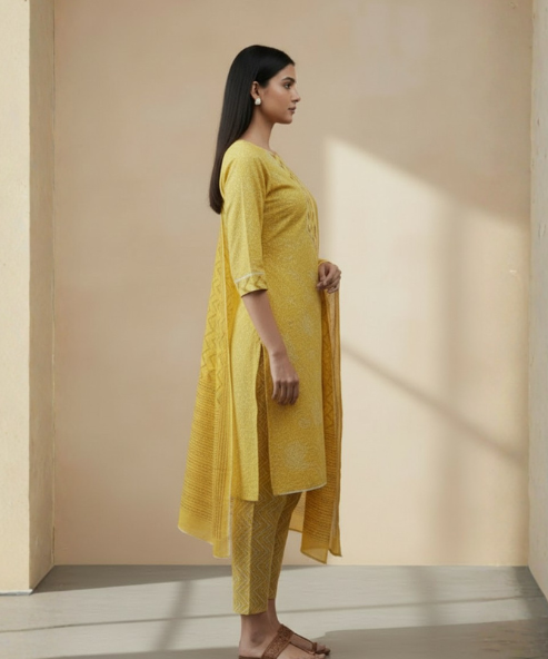 Yellow Colour Kurti Pant Dupatta Set