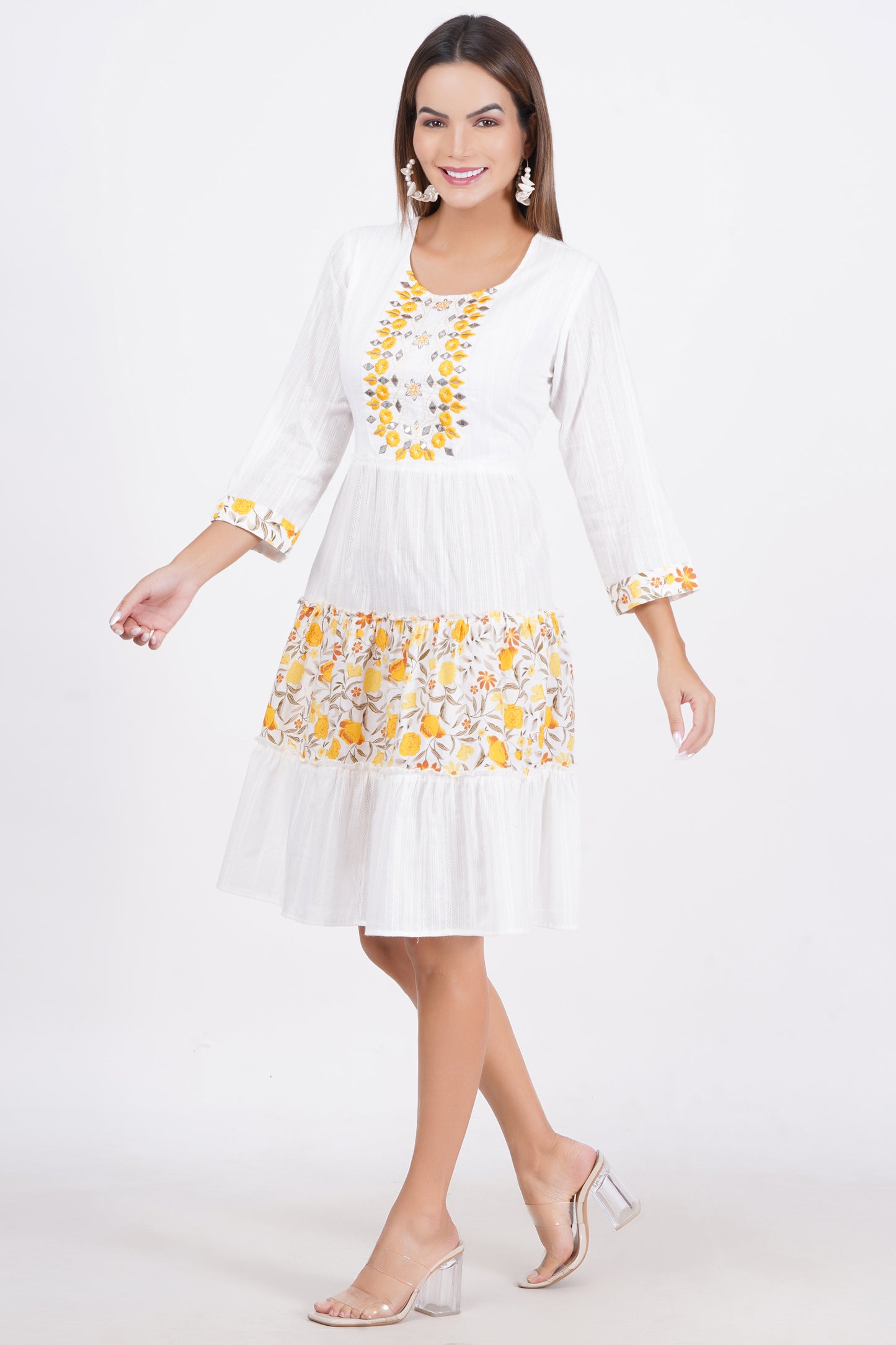 White Colour Embroidered Cambric Cotton Dress