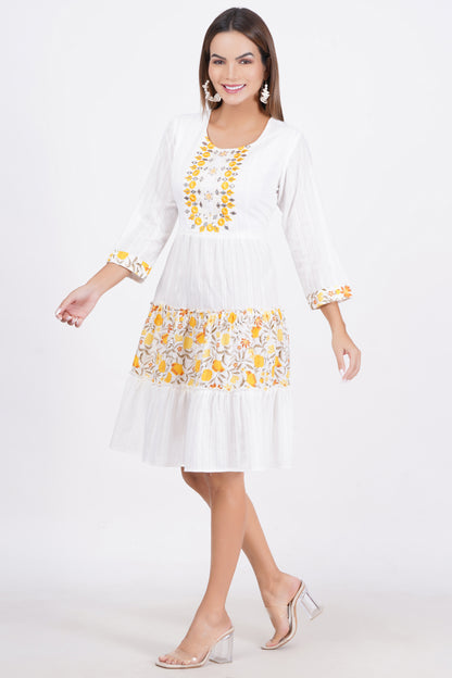 White Colour Embroidered Cambric Cotton Dress
