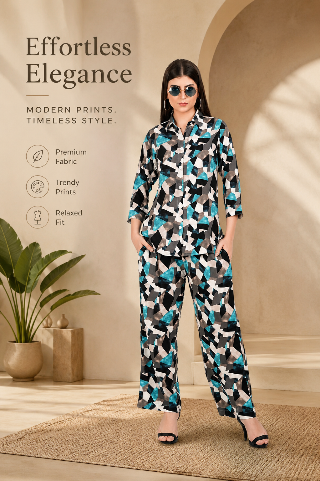 Teal Geometric Abstract Print Co-ord Set – Shirt & Pants Set for Women