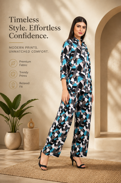 Teal Geometric Abstract Print Co-ord Set – Shirt & Pants Set for Women