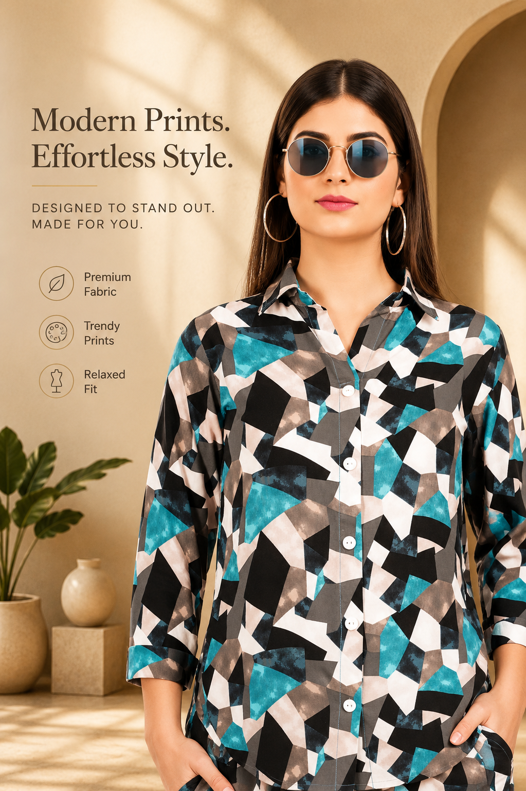 Teal Geometric Abstract Print Co-ord Set – Shirt & Pants Set for Women
