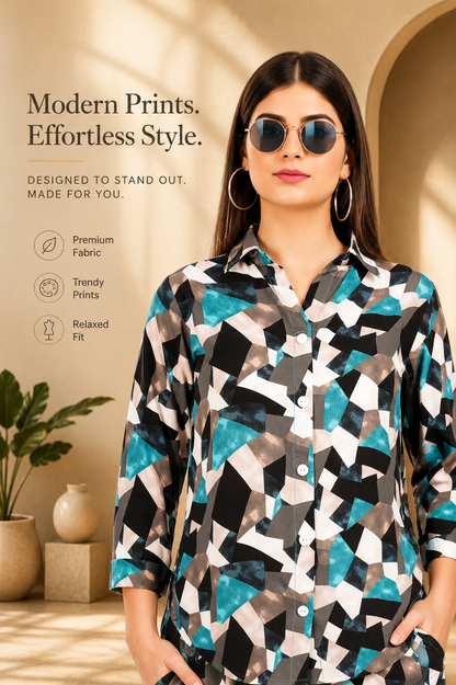 Teal Geometric Abstract Print Co-ord Set – Shirt & Pants Set for Women
