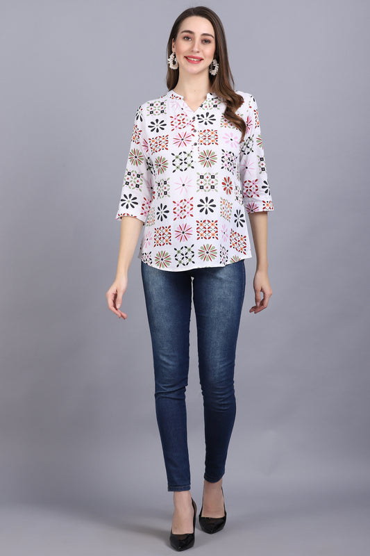 Off White Printed Viscose Tunic Top