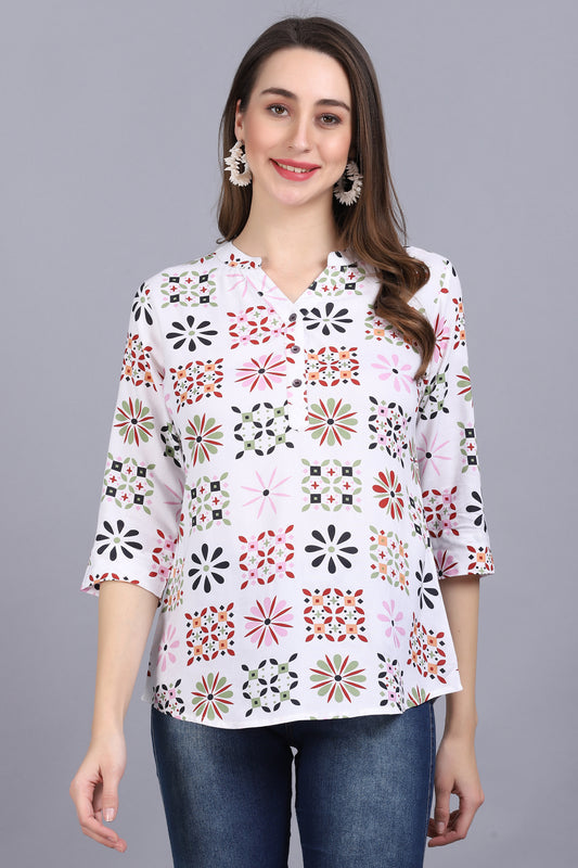Off White Printed Viscose Tunic Top