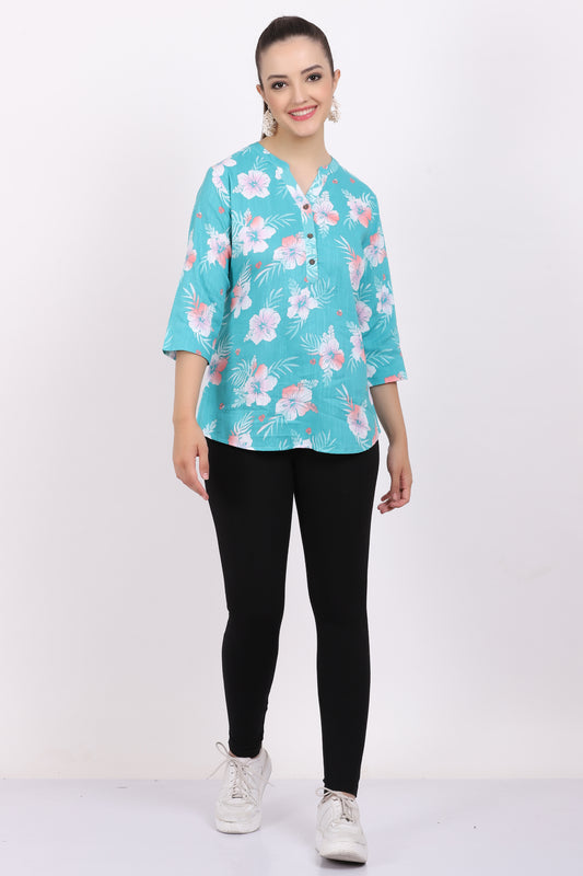 Turquoise Blue Printed Viscose Tunic Top