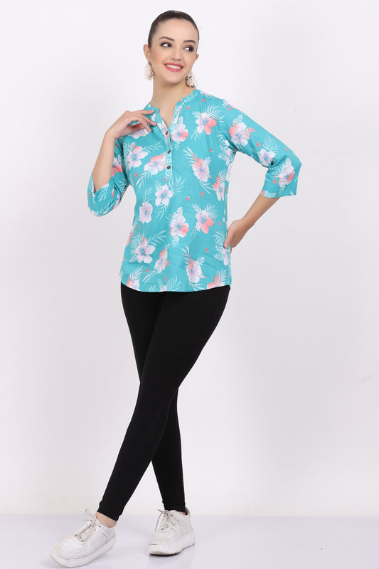 Turquoise Blue Printed Viscose Tunic Top