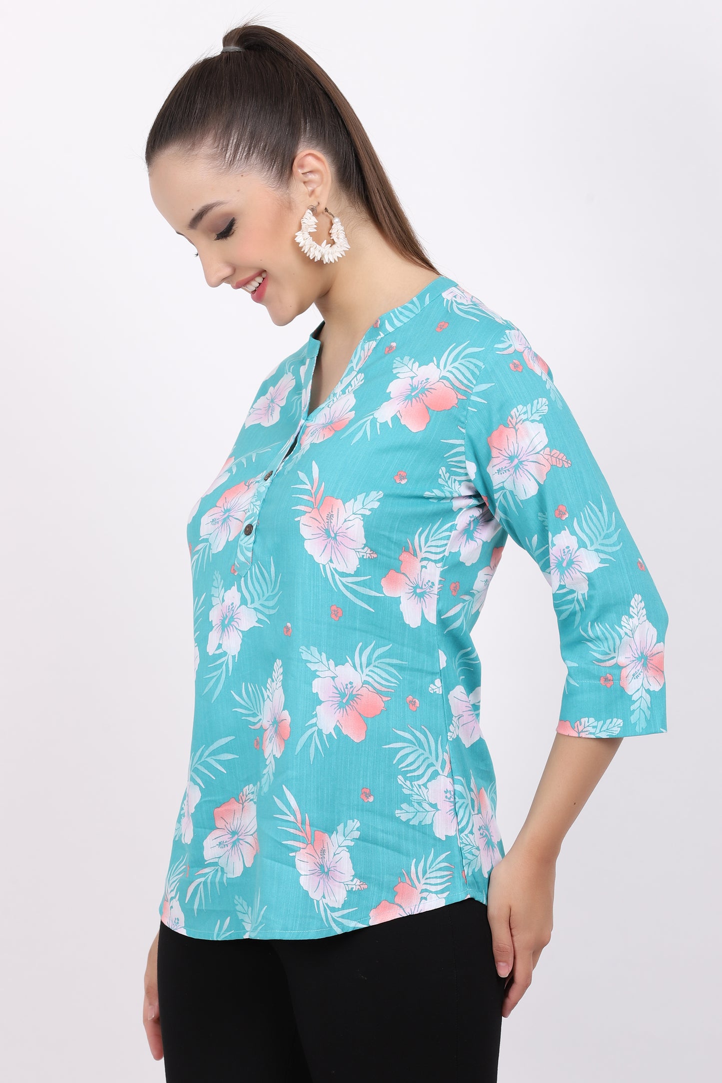 Turquoise Blue Printed Viscose Tunic Top