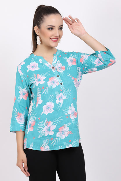 Turquoise Blue Printed Viscose Tunic Top