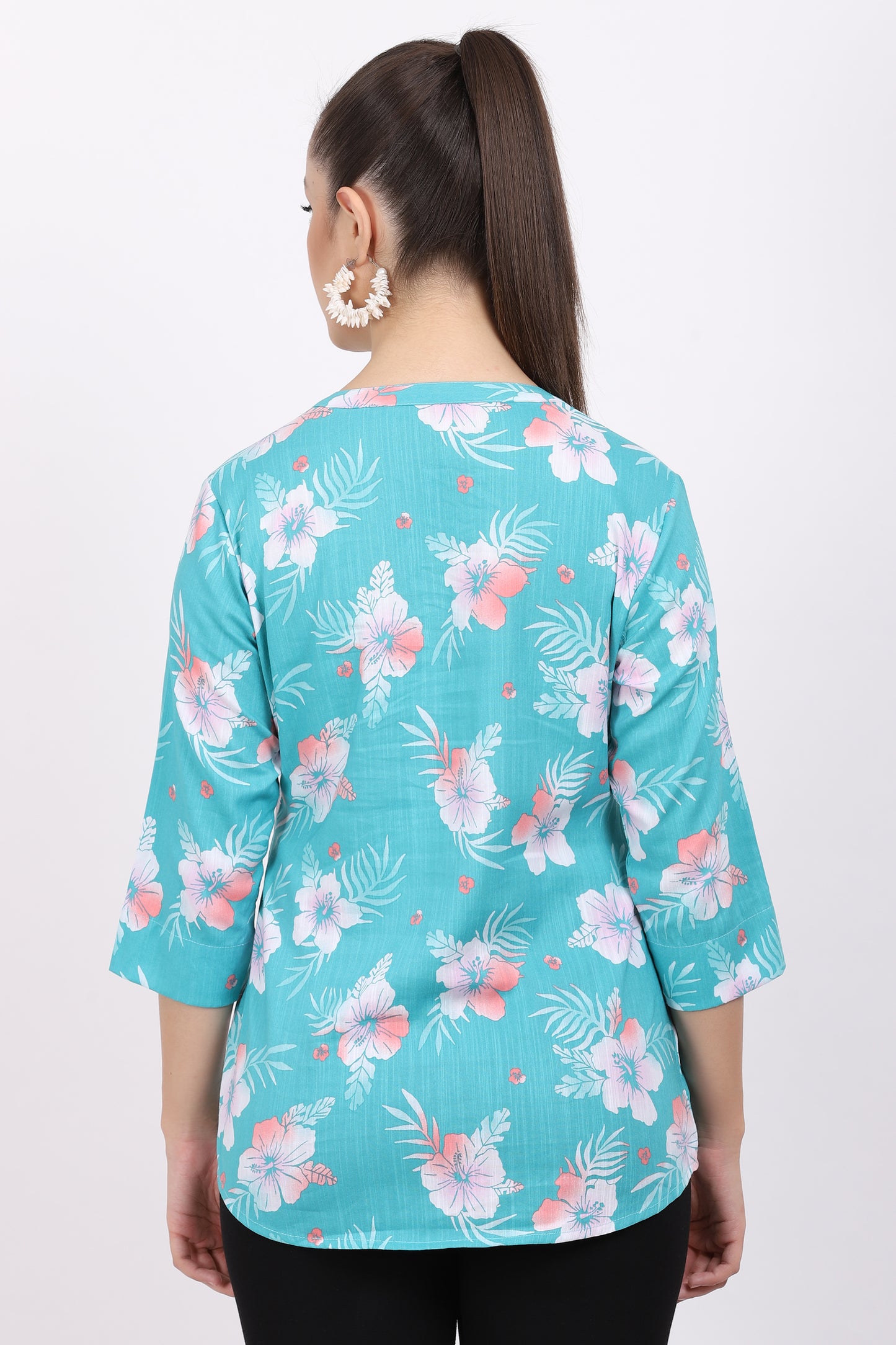 Turquoise Blue Printed Viscose Tunic Top