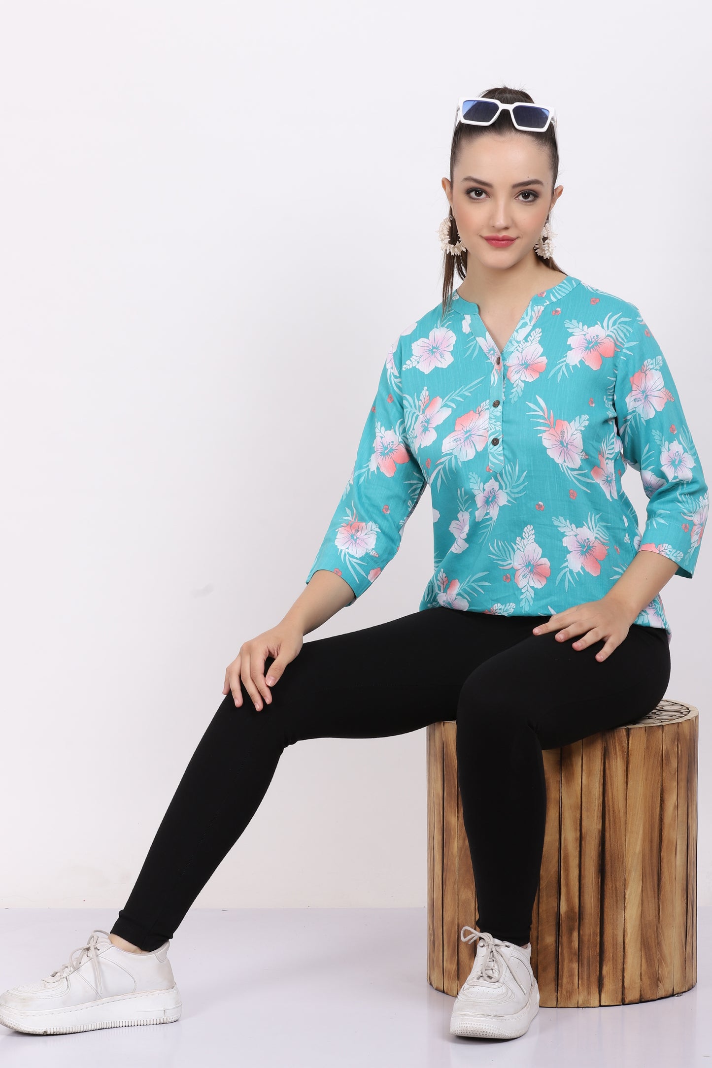 Turquoise Blue Printed Viscose Tunic Top