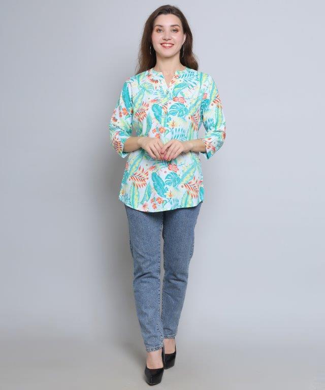 Sea Green Colour Multi Printed Modal Tunic Top