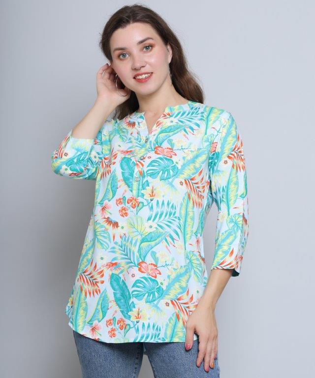 Sea Green Colour Multi Printed Modal Tunic Top