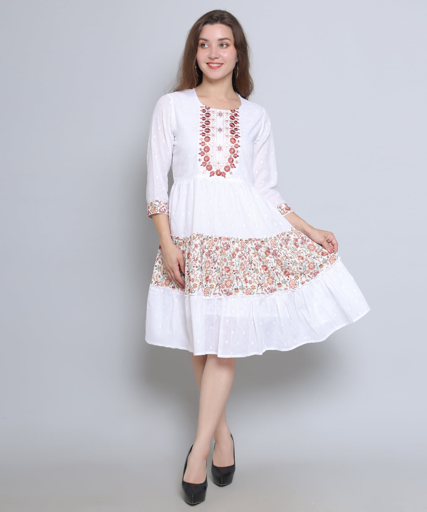 White Colour Embroidered Cambric Cotton Dress