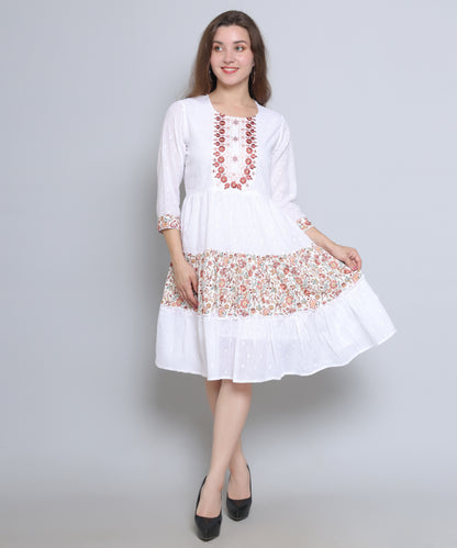 White Colour Embroidered Cambric Cotton Dress