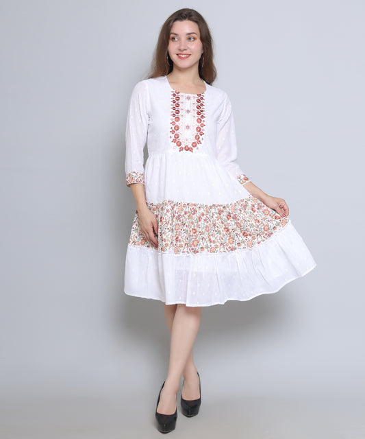 White Colour Embroidered Cambric Cotton Dress