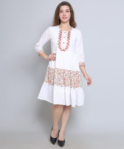 White Colour Embroidered Cambric Cotton Dress
