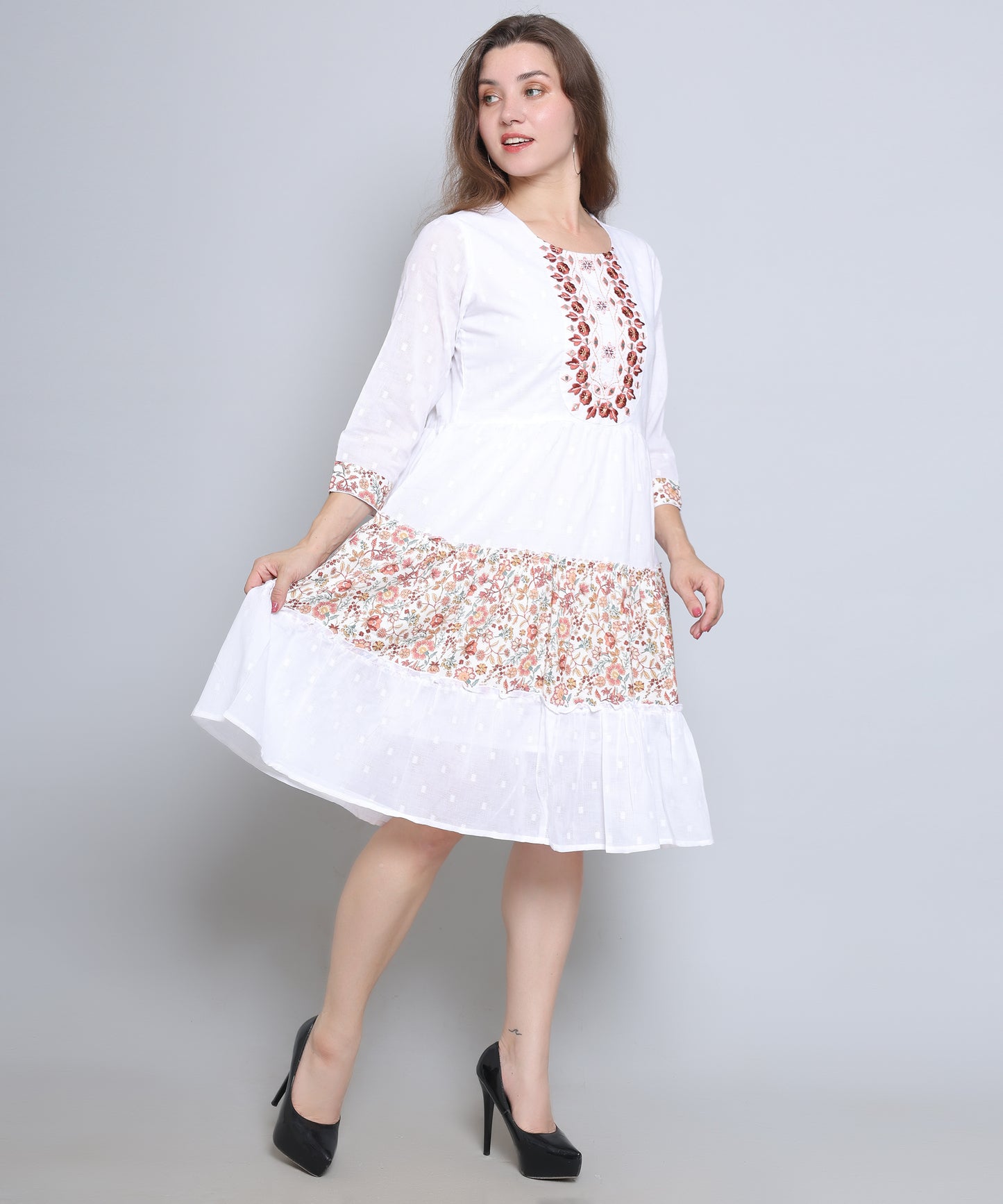 White Colour Embroidered Cambric Cotton Dress