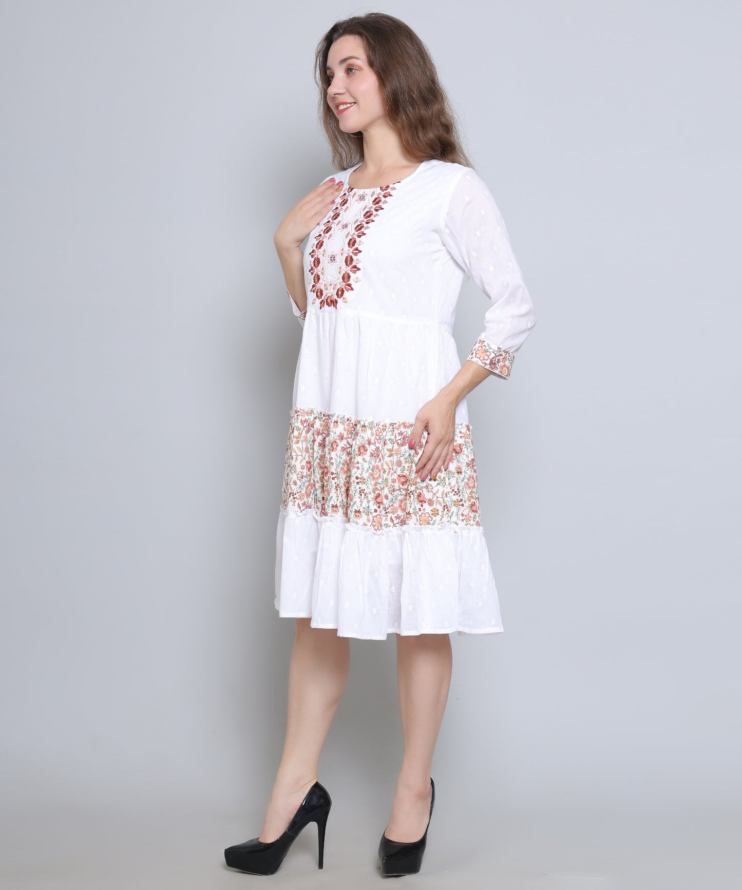 White Colour Embroidered Cambric Cotton Dress