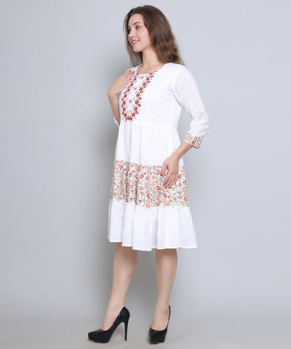 White Colour Embroidered Cambric Cotton Dress
