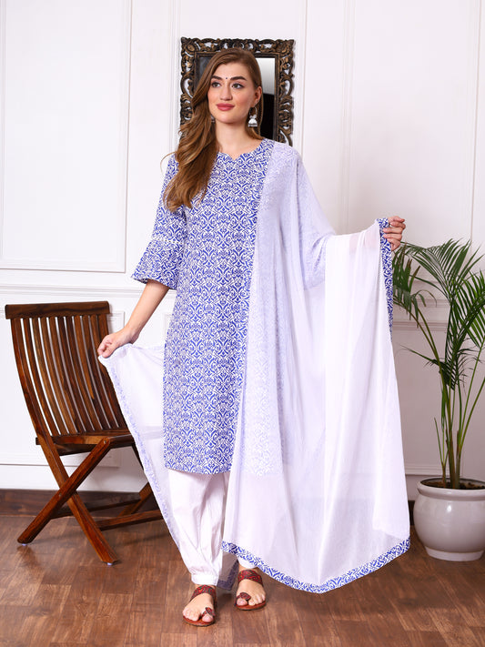 Blue and White Kurti Pant Dupatta Set