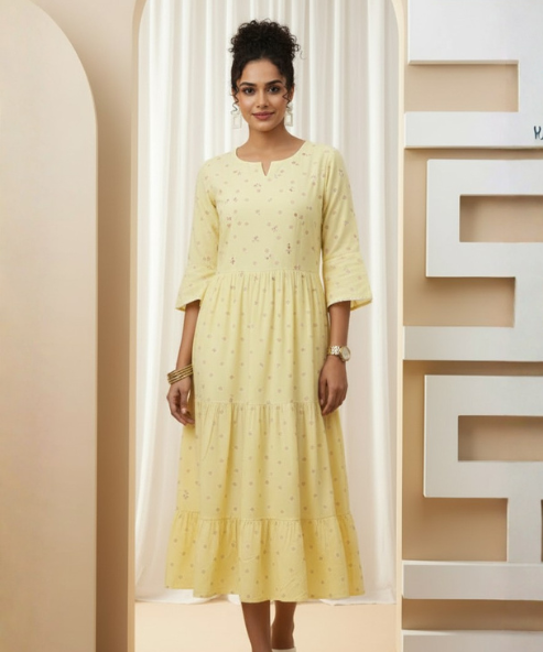Woman wearing pastel yellow tiered flared dress with 3/4 sleeves and floral print