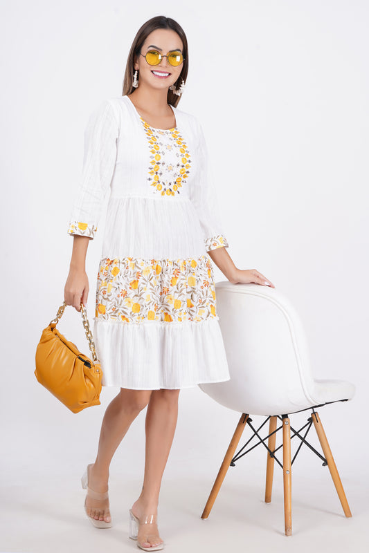White Colour Embroidered Cambric Cotton Dress