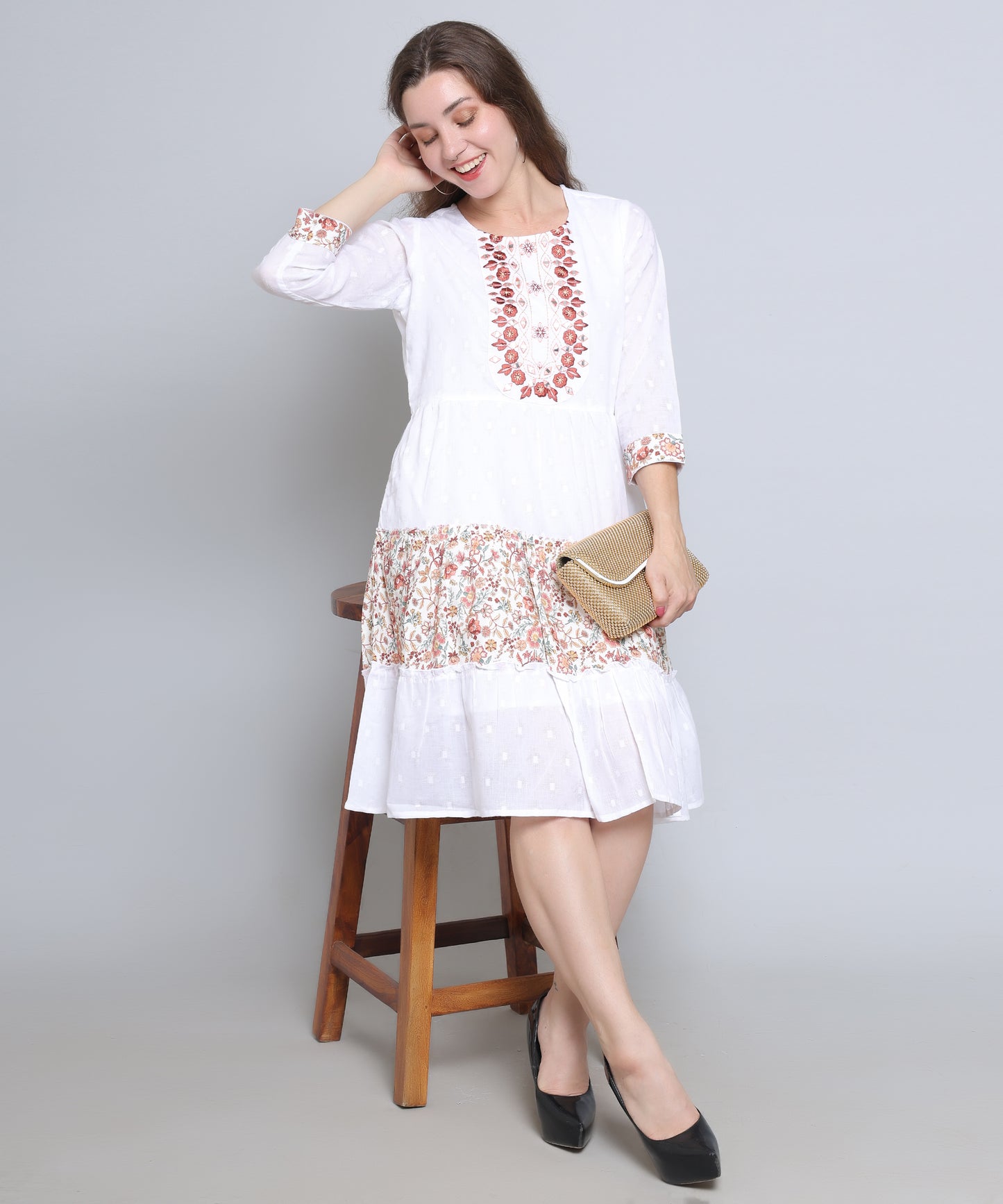 White Colour Embroidered Cambric Cotton Dress