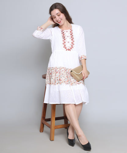White Colour Embroidered Cambric Cotton Dress