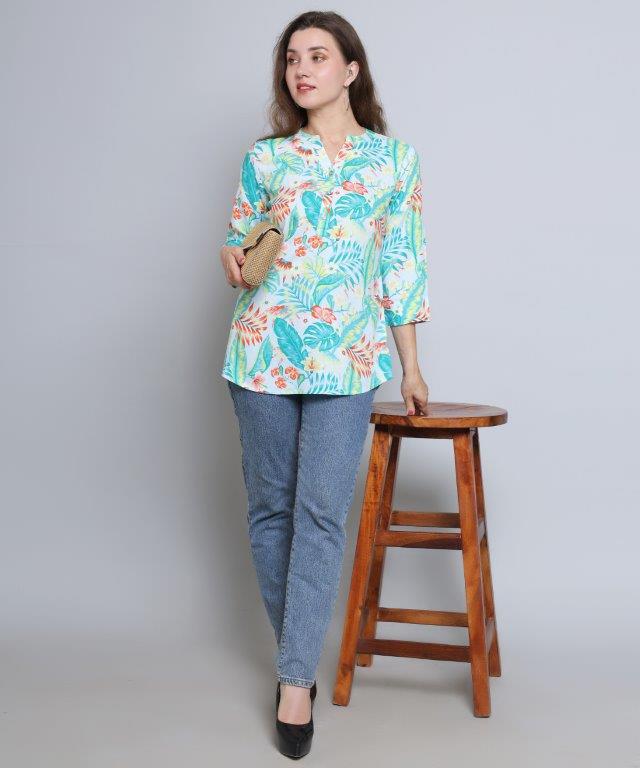 Sea Green Colour Multi Printed Modal Tunic Top