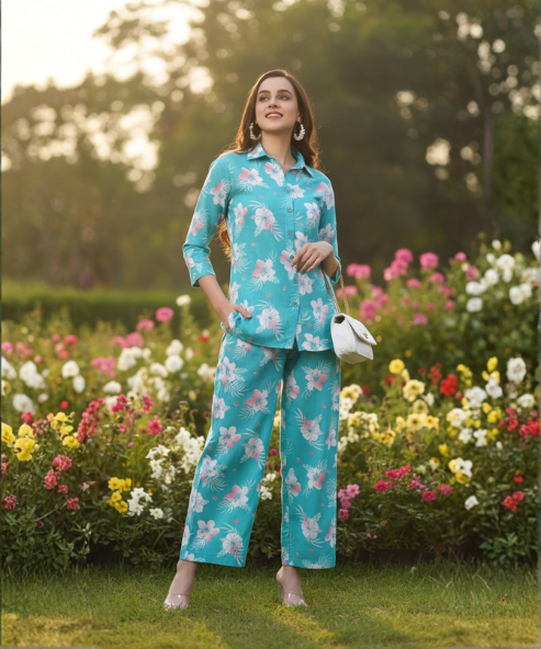 Woman wearing turquoise floral print co-ord set with collared shirt and wide-leg pants
