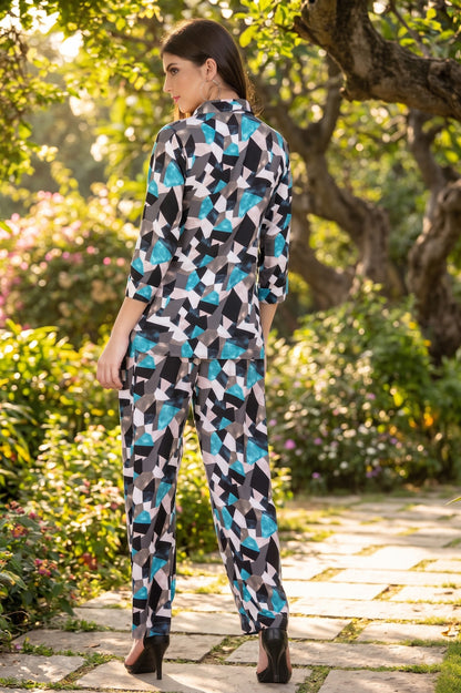 Teal Geometric Abstract Print Co-ord Set – Shirt & Pants Set for Women